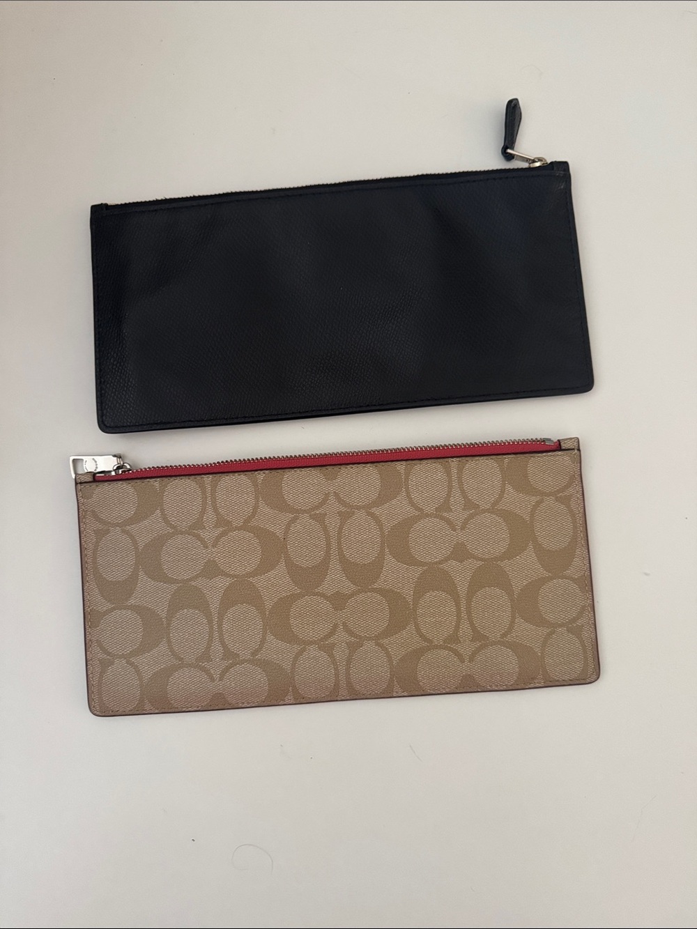 2 Coach Zip Slim Pouch Signature Monogram Tan Pink Lined / Black Pebble Leather - Picture 2 of 13